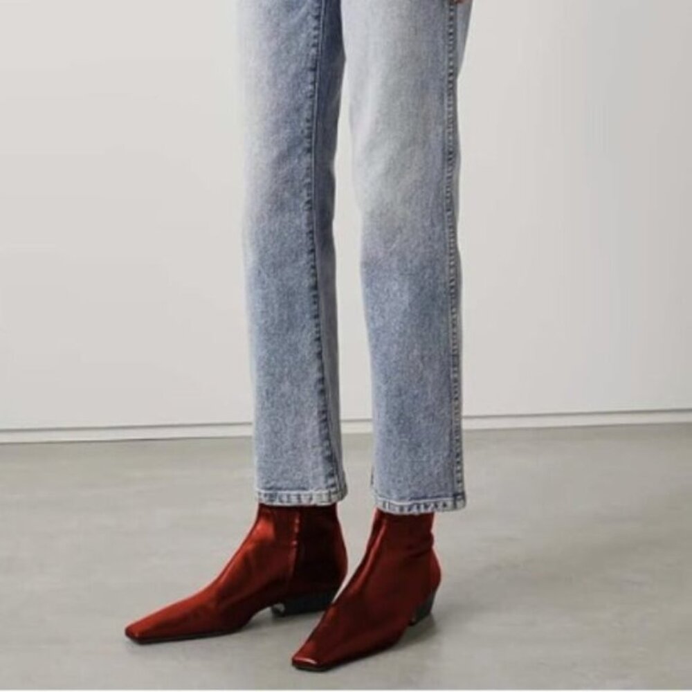 miss left Women's Square Closed Toe Low Chunky Heel Ankle Booties Red Shoes